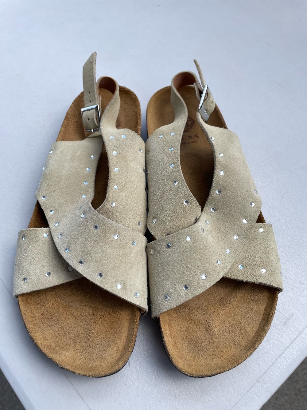 DESA Italy Suede Studded Sandals Beige Cork Footbed Size 36